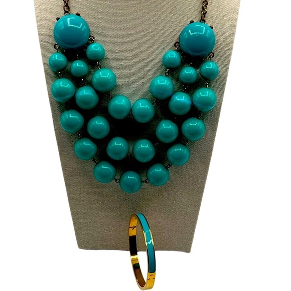 Faux Turquoise Beaded Necklace & Matching Gold Tone Bracelet Set - Picture 1 of 6